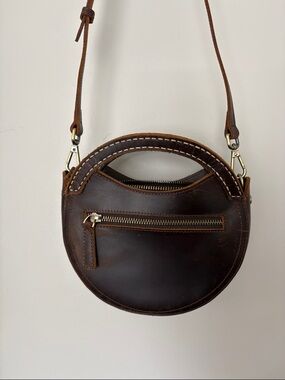 Round Dark Brown Leather Crossbody Bag with Front Zip Pocket
